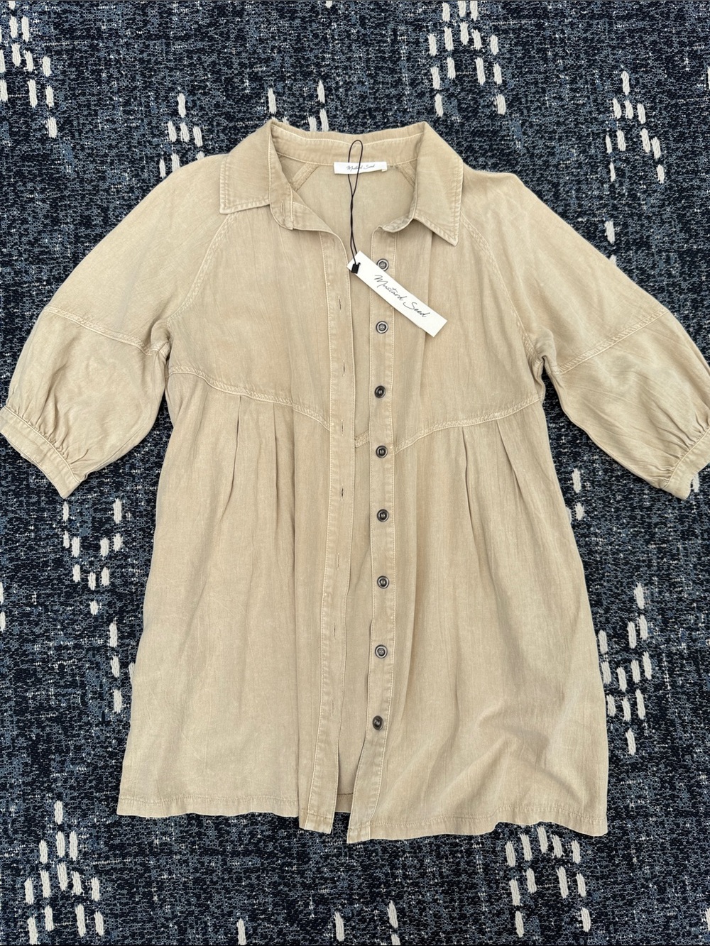 Neutral Beige Button-Front Babydoll Shirt Dress Mustard Seed MEDIUM